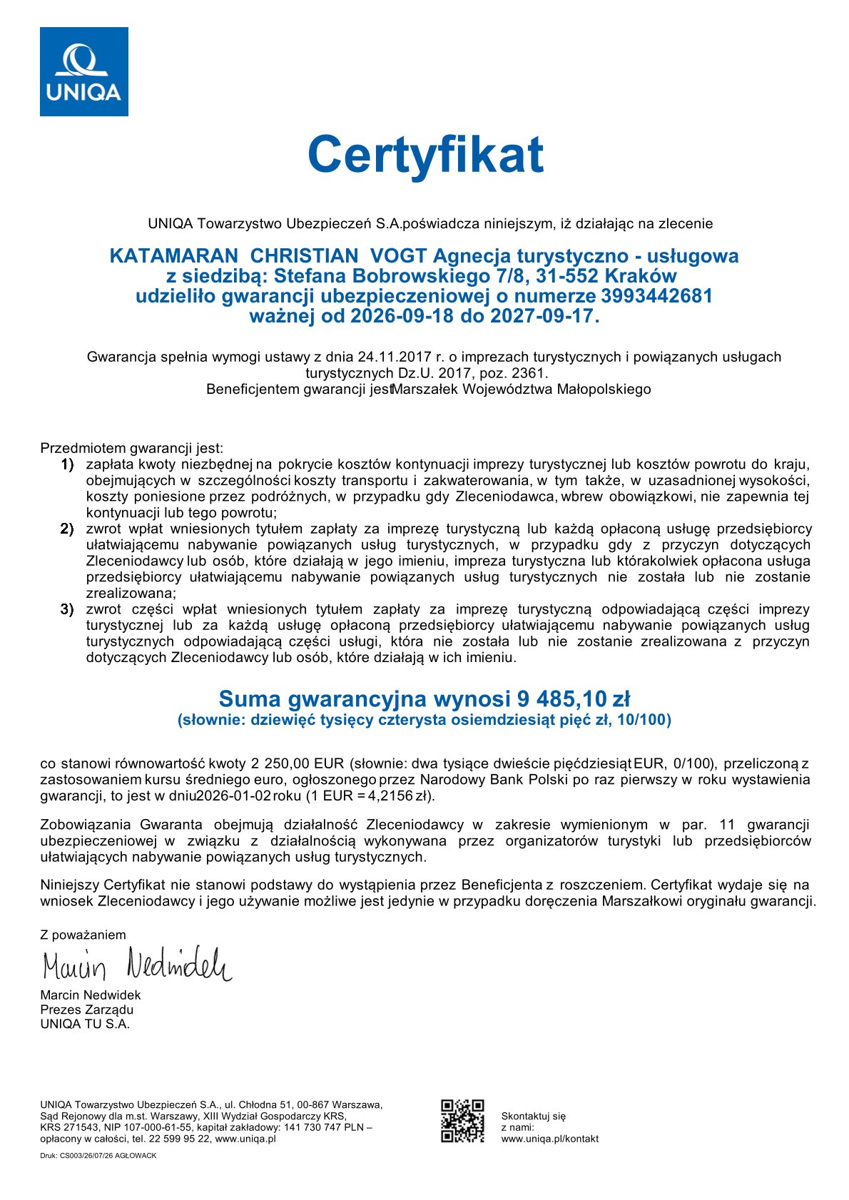 Gwarancja turystyczna Z/39/2009