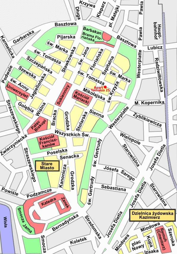 Mapa Krakowa z apartamentem KATAMARAN